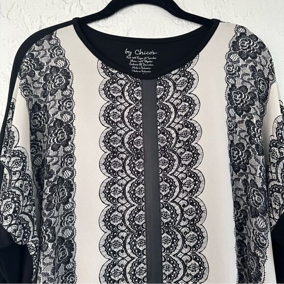 CHICOS Lace Print Blouse Womens Size Large Stretch Jersey Knit Dolman Sleeve - Picture 3 of 7